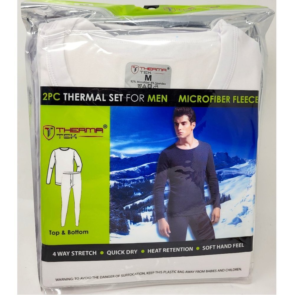 Men's Thermal Long Johns Warm Underwear Set, Microfiber Fleece, White